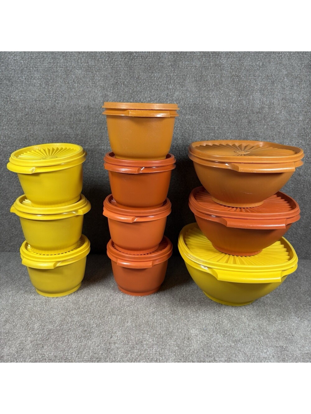 Vintage Tupperware 10 Servalier Bowls 886, 836, 838, w/Lids Orange & Yellow
